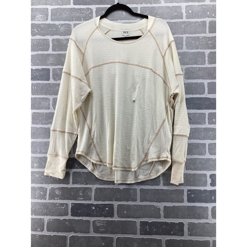 BKE Womens Cream Waffle Knit Thermal Top Long Sleeve Contrast Stitch Large NWT